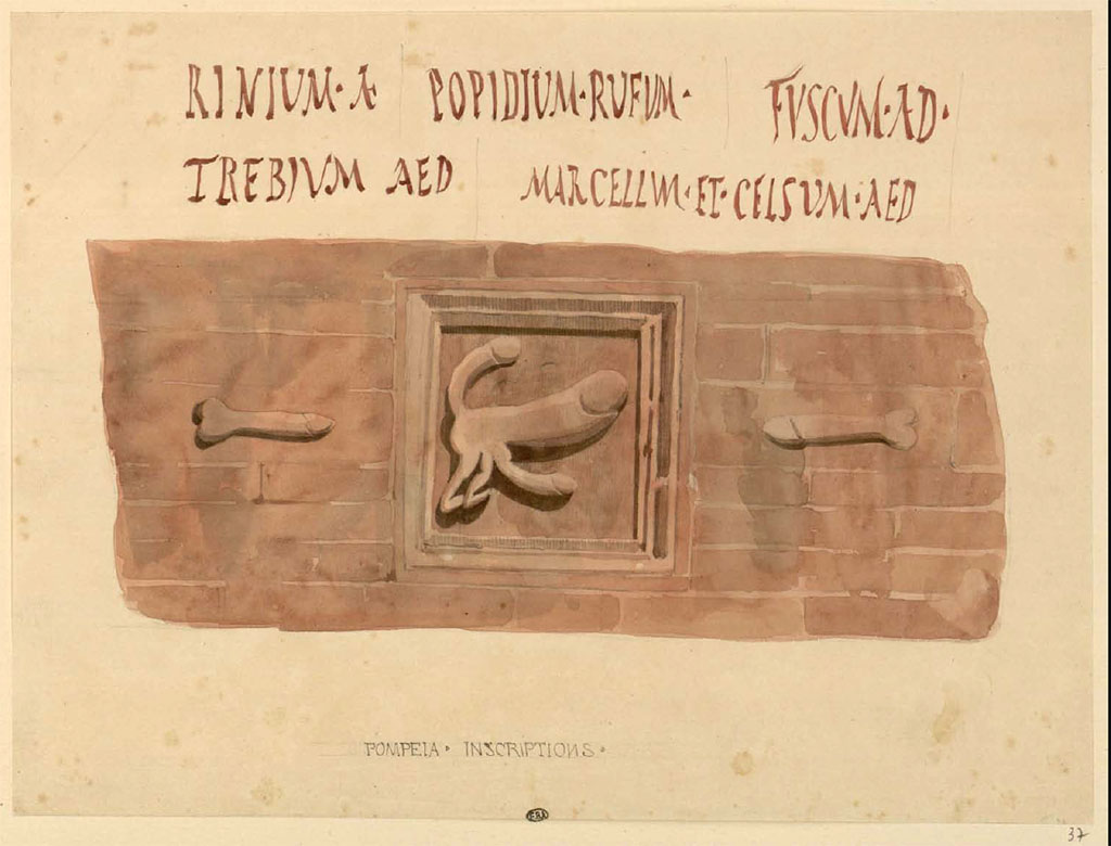 VII.2.31 and VII.2.32 Pompeii. Between 1823 and 1828 sketch by Felix Duban of plaque with phallus, and inscriptions.
See Duban F. Album de dessins d'architecture effectués par Félix Duban pendant son pensionnat à la Villa Medicis, entre 1823 et 1828: Tome 2, Pompéi, pl. 37.
INHA Identifiant numérique NUM PC 40425 (2)
https://bibliotheque-numerique.inha.fr/idurl/1/7157  « Licence Ouverte / Open Licence » Etalab