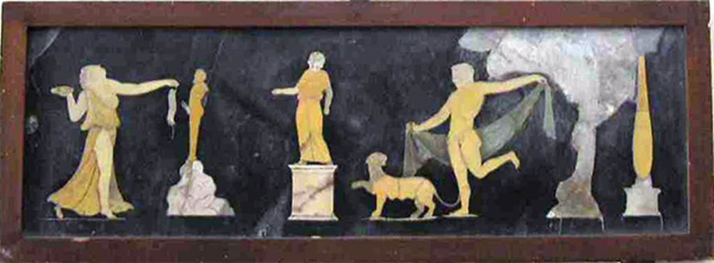 VII.2.38 Pompeii. Found on 22nd May 1845.  Dionysiac scene in coloured marble. 
Now in Naples Archaeological Museum. Inventory number 9979.