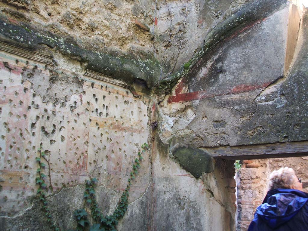 VII.2.48 Pompeii. December 2004. 
Cubiculum (bedroom) at rear, looking towards the south-west corner, and doorway to corridor in the west wall. 
Remains of painted decoration.