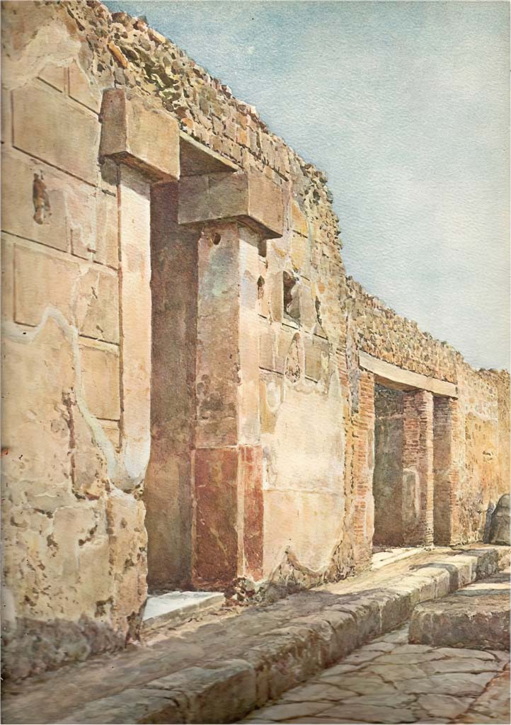 VII.2.51 Pompeii. c.1908. Watercolour by Luigi Bazzani.
Looking east along Via degli Augustali, towards entrance doorway, on left, followed by VII.2.52 and 53.
Now in Naples Archaeological Museum, inv. no. 139433.