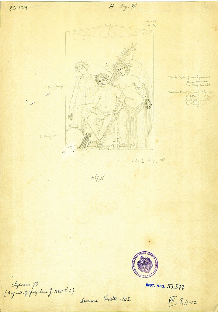 VII.3.11 Pompeii. Drawing by L. Schulz, 1867, of a painting of Jove on his throne with two female figures.
DAIR 83.134. Photo © Deutsches Archäologisches Institut, Abteilung Rom, Arkiv. 
See Archäologische Zeitung 1868, Taf. IV upper.