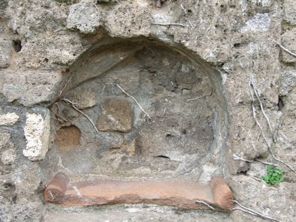 VII.3.12 Pompeii. March 2009. Arched niche in east wall.  Inside the niche the white stucco walls were decorated with red lines. See Boyce G. K., 1937. Corpus of the Lararia of Pompeii. Rome: MAAR 14.  (p.64, No.263)