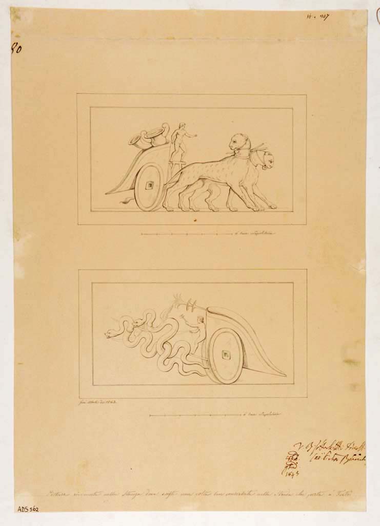 VII.3.21 Pompeii. 1843 drawings by G. Abbate of two chariots that decorated the walls but are now vanishing.
The top chariot is of Dionysus, identified by the panthers, a rhyton and kantharos.
The lower chariot is of Demeter (Ceres) pulled by serpents and guided by a young child who holds a torch in the left hand.
Now in Naples Archaeological Museum. Inventory number ADS 562.
Photo © ICCD. https://www.catalogo.beniculturali.it
Utilizzabili alle condizioni della licenza Attribuzione - Non commerciale - Condividi allo stesso modo 2.5 Italia (CC BY-NC-SA 2.5 IT)