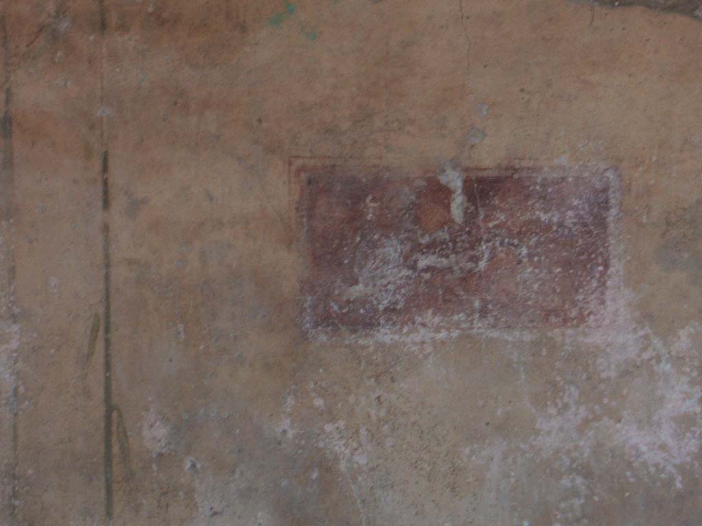 VII.3.21 Pompeii. May 2005. Painted panel on a violet background, in centre of west wall of vaulted triclinium. 
In this panel was painted the chariot of Dionysus, identified by the panthers, a rhyton and kantharos.
See drawing by Giuseppe Abbate in 1843, ADS 562, upper drawing above.