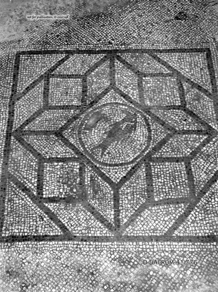 VII.3.21 Pompeii. c.1930. Mosaic flooring in oecus/triclinium, detail of central emblema.
DAIR 41.776. Photo © Deutsches Archäologisches Institut, Abteilung Rom, Arkiv.
See Pernice, E.  1938. Pavimente und Figürliche Mosaiken: Die Hellenistische Kunst in Pompeji, Band VI. Berlin: de Gruyter, (tav. 49.4).
According to PPM, the central fish in the inner circle was perfectly preserved in the 1930’s, but now (1979) all that remains is the tip of a fin.
See Carratelli, G. P., 1990-2003. Pompei: Pitture e Mosaici. Vol. VI. Roma: Istituto della enciclopedia italiana, (p. 881).