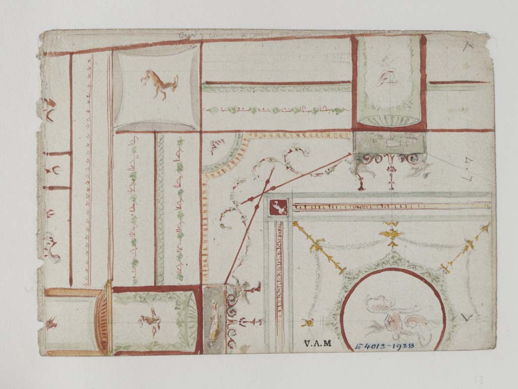 VII.3.21 Pompeii. c.1840.
Painting/drawing of ceiling in triclinium, by James William Wild. 
Photo © Victoria and Albert Museum, inventory number E.4013-1938.