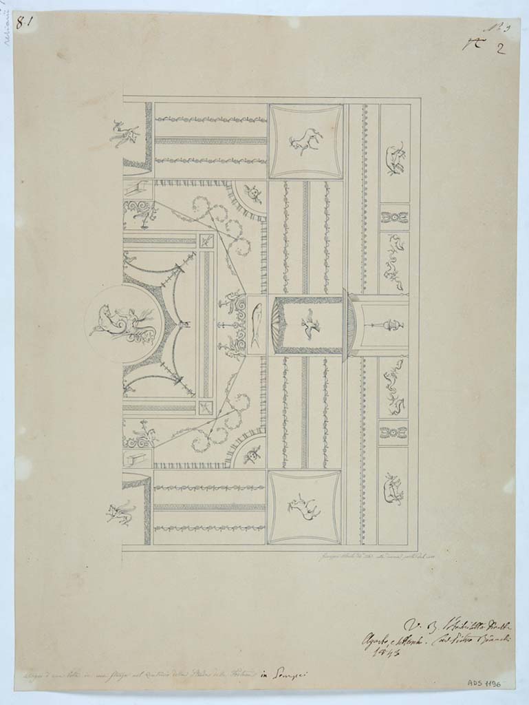 VII.3.21 Pompeii. Drawing by Giuseppe Abbate, 1843, showing one half of the ceiling of the triclinium.
Now in Naples Archaeological Museum. Inventory number ADS 1196.
Photo © ICCD. https://www.catalogo.beniculturali.it
Utilizzabili alle condizioni della licenza Attribuzione - Non commerciale - Condividi allo stesso modo 2.5 Italia (CC BY-NC-SA 2.5 IT)
