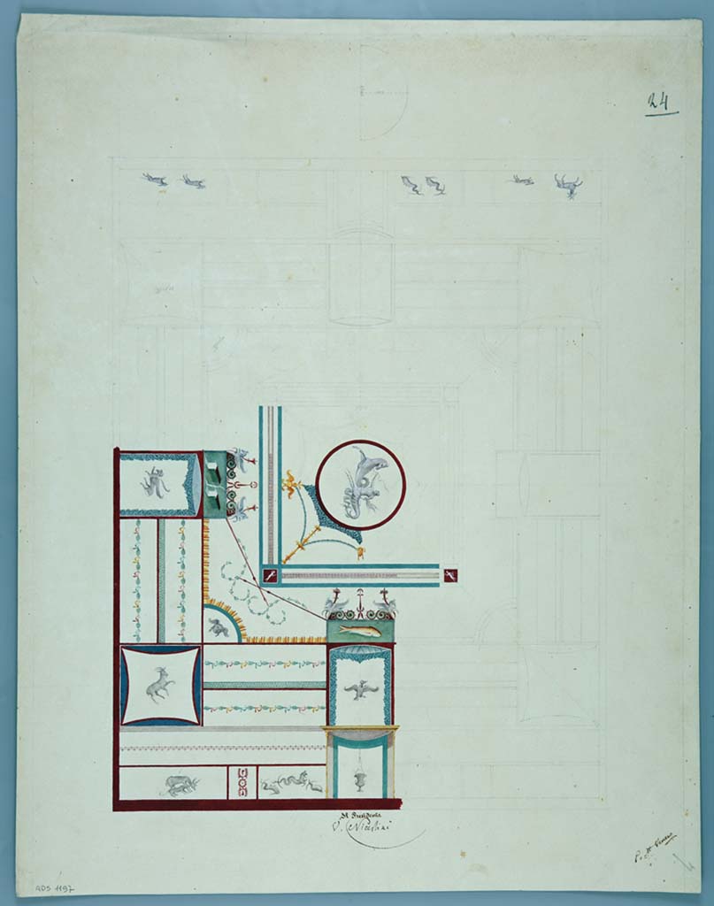 VII.3.21 Pompeii. Painting of one quarter of vaulted ceiling of triclinium, by Pasquale Maria Veneri.
Now in Naples Archaeological Museum. Inventory number ADS 1197.
Photo © ICCD. https://www.catalogo.beniculturali.it
Utilizzabili alle condizioni della licenza Attribuzione - Non commerciale - Condividi allo stesso modo 2.5 Italia (CC BY-NC-SA 2.5 IT)