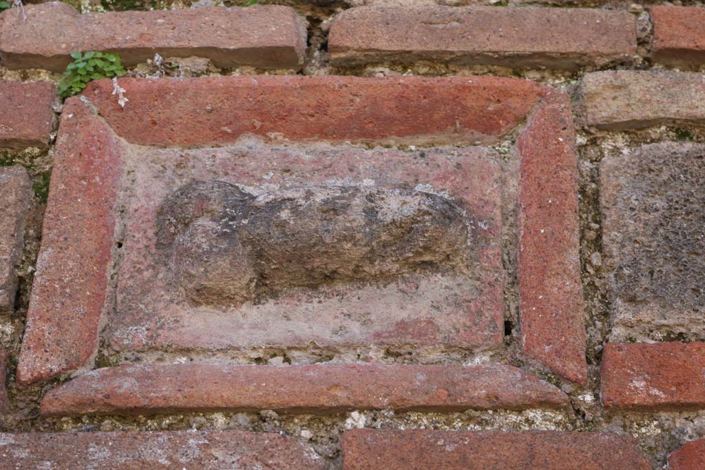 VII.3.23, Pompeii. December 2018. 
Plaque of terracotta and tufa showing phallus, from north side of doorway. Photo courtesy of Aude Durand.