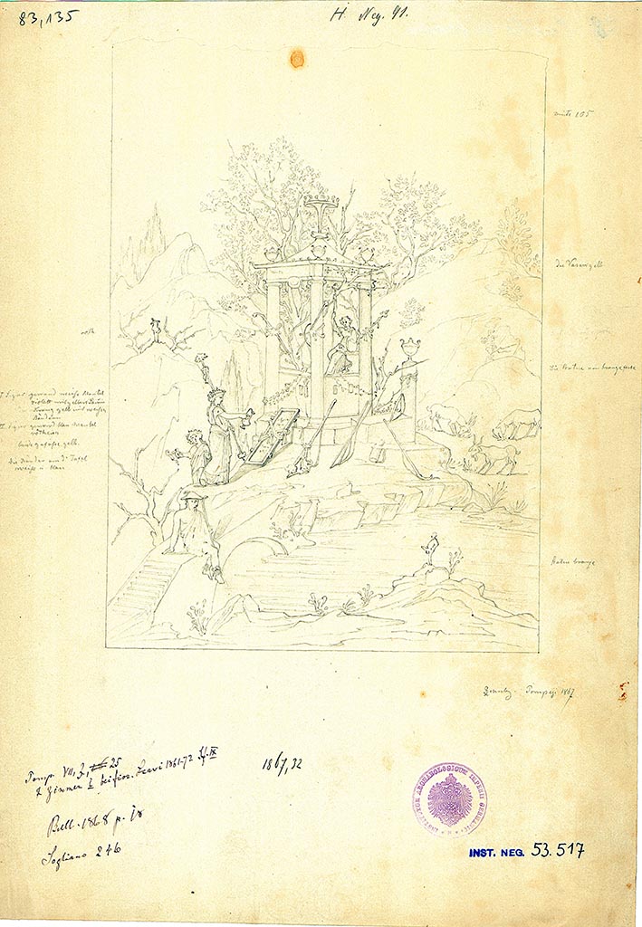 VII.3.25 Pompeii. Oecus. 1867 drawing by L. Schulz of a sacred landscape.
The drawing portrays a scene of offering by maenads to Dionysus whose statue is seen inside the temple.
DAIR 83.135. Photo © Deutsches Archäologisches Institut, Abteilung Rom, Arkiv. 
Kuivalainen comments –
This is a sacral landscape with a cult image depicting Bacchus, as attested by the various thyrsi, cantharus, and kraters, and the offering followers: a maenad and a small satyr (Comus?). The herms, the one in front Priapic, also suit his cult well. Customarily for sacral landscapes, the shrine is depicted next to a leafy tree. 
See Kuivalainen, I., 2021. The Portrayal of Pompeian Bacchus. Commentationes Humanarum Litterarum 140. Helsinki: Finnish Society of Sciences and Letters, (F33, p.186).