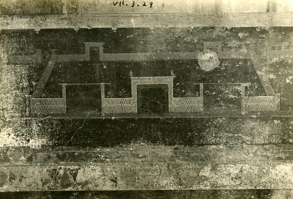 VII.3.29 Pompeii. Pre-1937-39. Garden painting from the west end of the north wall of the cubiculum.
Photo courtesy of American Academy in Rome, Photographic Archive. Warsher collection no. 1682.