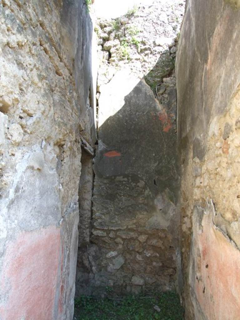 VII.3.29 Pompeii. March 2009. Room 12, corridor. Looking east. On the east side of the corridor was the garden area. According to Boyce, in the south-west corner of the portico of the garden was a semi-circular niche. Its vaulted ceiling was adorned with a painted shell. Painted on the wall above the niche was a pediment and below it a single serpent beside an altar. 
See Boyce G. K., 1937. Corpus of the Lararia of Pompeii. Rome: MAAR 14. (p.65, no: 270, Pl.4,1)