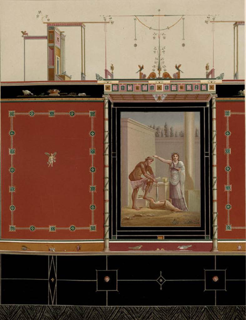 VII.3.29 Pompeii. Drawing of about 1880, of wall painting from the south wall of the triclinium. Wall painting now in Naples Museum. Inventory number 120086. According to Sogliano, Heydemann thought the painting was of Hercules. Helbig proposed  that the painting represented Achilles at the altar of Diana. Brizio recognised the atonement of Oreste after killing his mother. See Sogliano, A., 1879. Le pitture murali campane scoverte negli anni 1867-79. Napoli: (p. 101 no: 548 – 120085, and p.126 no: 616 – 120086)