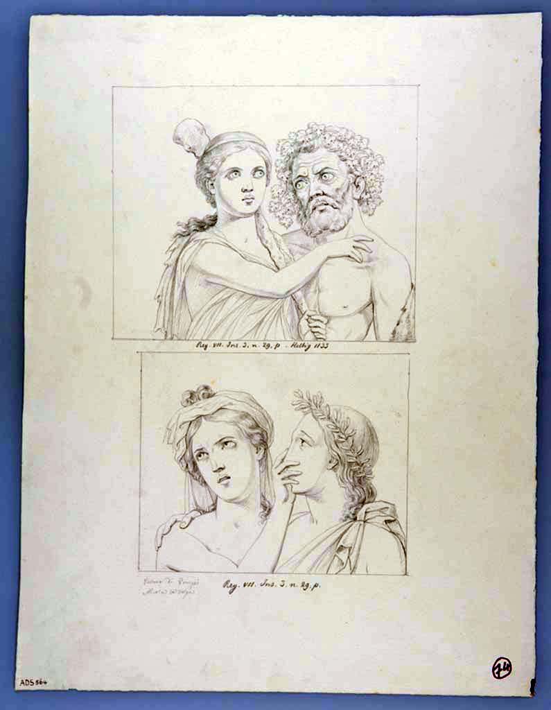 VII.3.29 Pompeii. Room 13, ala on east side of atrium. South wall. Drawing by Nicola La Volpe of two vignettes; 
The first shows the bust of a bearded Hercules, crowned with vine leaves, who looks towards Omphale with the cudgel in her left hand, supporting her right hand on the hero's shoulder; 
In the vignette beneath a maiden (maenad?) with a hand near to the mouth of a youth who wears a crown of olive branch, and he in turn puts his arm on her shoulders.
Now in Naples Archaeological Museum. Inventory number ADS 564.
Photo © ICCD. https://www.catalogo.beniculturali.it
Utilizzabili alle condizioni della licenza Attribuzione - Non commerciale - Condividi allo stesso modo 2.5 Italia (CC BY-NC-SA 2.5 IT)
