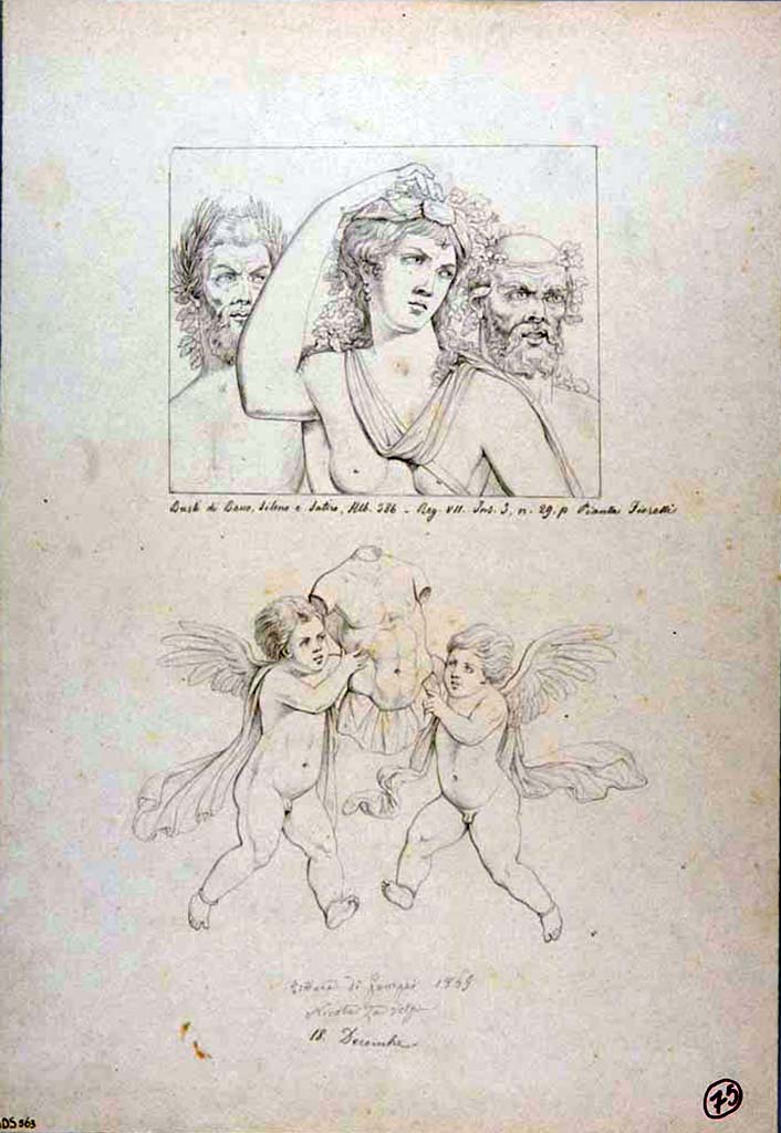 VII.3.29 Pompeii. Room 13, ala on east side of atrium. South wall.
18th December 1865 drawing by Nicola La Volpe of two vignettes. 
In the first are depicted the busts of three characters of the Bacchic cortege: in the centre is a Maenad with bare breasts who holds the right arm on the head, at whose shoulders are, on the left, a pine-crowned Satyr and, on the right, Silenus crowned with ivy.
In the second panel are depicted two winged cupids in flight, with bracelets at the ankles, and they carry, between them, a large golden breastplate.
Now in Naples Archaeological Museum. Inventory number ADS 563.
Photo © ICCD. http://www.catalogo.beniculturali.it
Utilizzabili alle condizioni della licenza Attribuzione - Non commerciale - Condividi allo stesso modo 2.5 Italia (CC BY-NC-SA 2.5 IT)
Helbig identified the heads as Bacchus, Silenus and Satyr. 
The lower drawing, from a painted panel in the atrium, was of two cupids carrying a large golden breast-plate. 
The drawings show paintings that are now totally faded.
See Helbig, W., 1868. Wandgemälde der vom Vesuv verschütteten Städte Campaniens. Leipzig: Breitkopf und Härtel, (386).
Kuivalainen describes –
A composition of three busts, heads slightly turned to their left. The one in the middle is an effeminate youth wearing a chlamys, which forms an arch on his naked chest; his long and curly hair is tied with a taenia, which he touches with the delicate fingers of his right hand. On the youth’s left stands a sprightly, bearded satyr with a pine wreath on his head. On the right side stands Silenus with a ribbon and leaves at his temples. All three are intensively looking to their left.
He comments –
The effeminate Bacchus had, according to Helbig, a thyrsus across his chest, while La Volpe depicted him with the arching sleeve of a cloak and a leather band. This gesture by Bacchus appears every now and then in Pompeian wall paintings, notwithstanding the posture of his bodily frame.
See Kuivalainen, I., 2021. The Portrayal of Pompeian Bacchus. Commentationes Humanarum Litterarum 140. Helsinki: Finnish Society of Sciences and Letters, (F17, p.172).