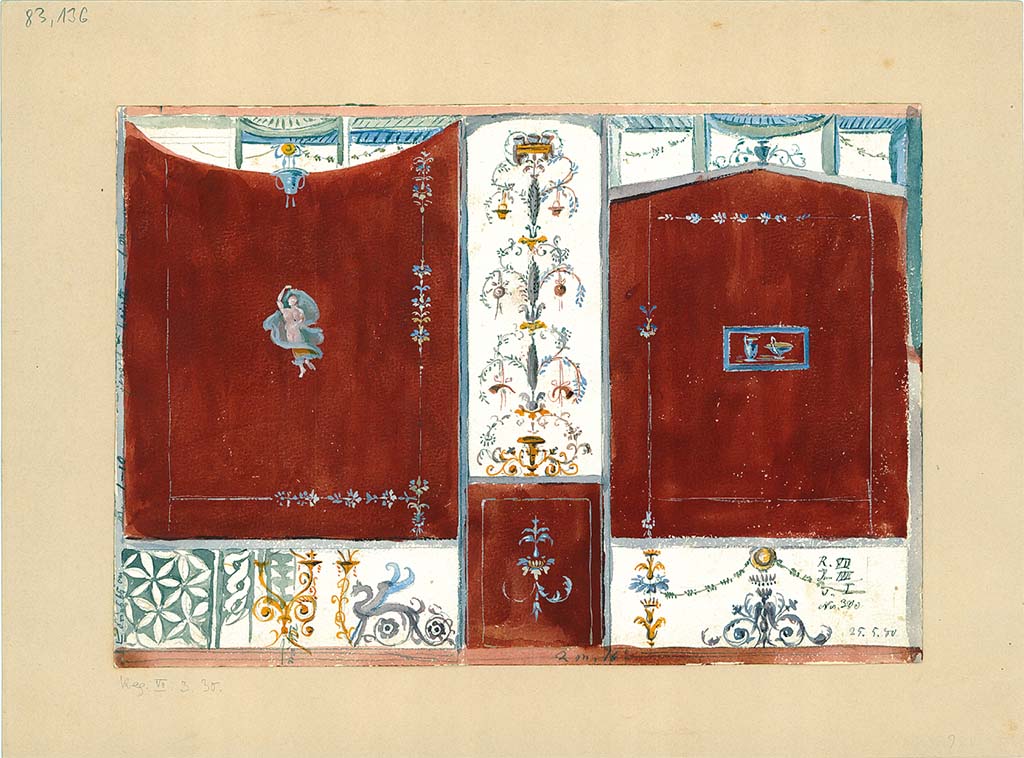 VII.3.30 Pompeii. Painting dated 25th May 1880. Described as a fresco on a side wall of the “tablinum”, room 6, not conserved.
DAIR 83.136. Photo © Deutsches Archäologisches Institut, Abteilung Rom, Arkiv. 
See Catalogue, 1989. Italienische Reise: Pompejanische Bilder in den deutschen archaeologischen Sammlungen. Napoli: Bibliopolis, p. 194 and p. 293, fig. 47.
