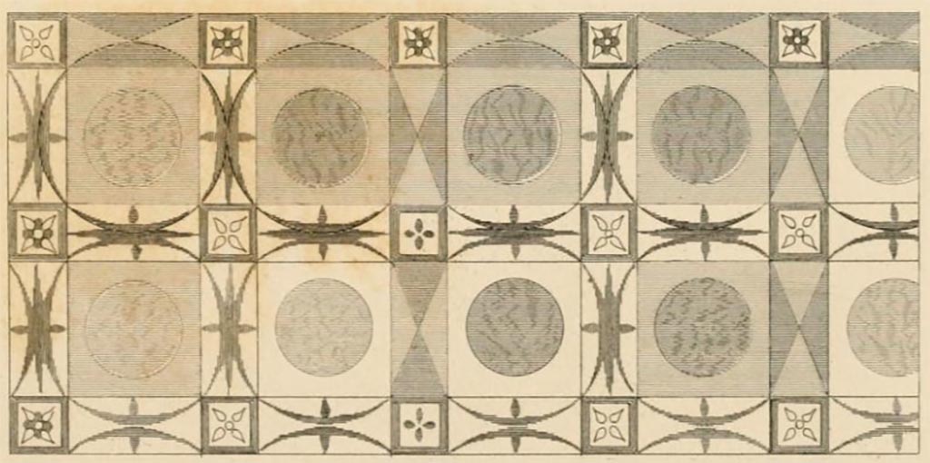 VII.4.10 Pompeii. 1832. Drawing by Gell of marble pavement. 
According to Gell: The marble pavement is pretty, but it is not easy to discover by what rule the colours were distributed.
See Gell, W, 1832.  Pompeiana: Vol 2.  London: Jennings and Chaplin. Plate LXXXVIII. Appendices, p.164