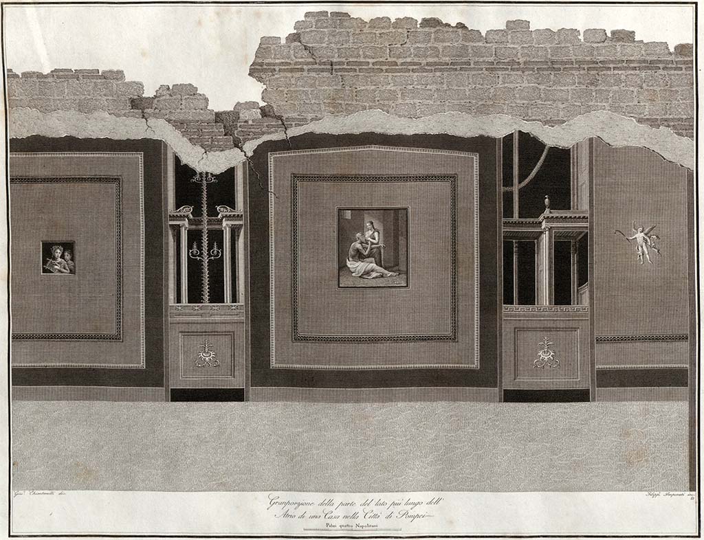 VII.4.10 Pompeii. 1838. 
Painting by Giuseppe Chiantarelli of wall of a long wall of an atrium with the painting of Cimon and Pero in centre.
See Gli ornati delle pareti ed i pavimenti delle stanze dell'antica Pompei incisi in rame: 1838, pl. 61.
(Note: This can also be seen in Gli ornati delle pareti ed i pavimenti delle stanze dell'antica Pompei incisi in rame: 1796, no.3). 
According to Helbig 1868 p. 307 no. 1376 -
“Careli in the Relazione dei lavori dell' acc. ercol. eseguiti nell' a. 1829 p. 26 claimed that at the time he read this report there were two paintings in Naples which depicted Cimon being suckled by Pero. He described one as coming from Pompeii, the other from Herculaneum. 
As far as my research has gone, I have only been able to find one painting in the museum that supposedly came from Pompeii and depicted this scene. 
It is the painting I listed under no. 1376. The painting found in the Casa di Bacco (XVIII) was in any case different from this painting, of which Fiorelli P. a. II p. 169 (11 Aug. 1826) says "pare rappresenti la Carità romana". 
The picture No. 1376 was already known in 1796, in which the Ornati delle pareti di Pompei appeared, while the Casa di Bacco was only excavated in 1826. The ambiguous way in which the excavation report described the representation of the painting makes it probable that the painting in the Casa di Bacco was already considerably destroyed when it was discovered. Presumably it was left to perish on the spot, like the other paintings in this house. 
I have been unable to find any trace of the Herculaneum painting mentioned by Carelli.”