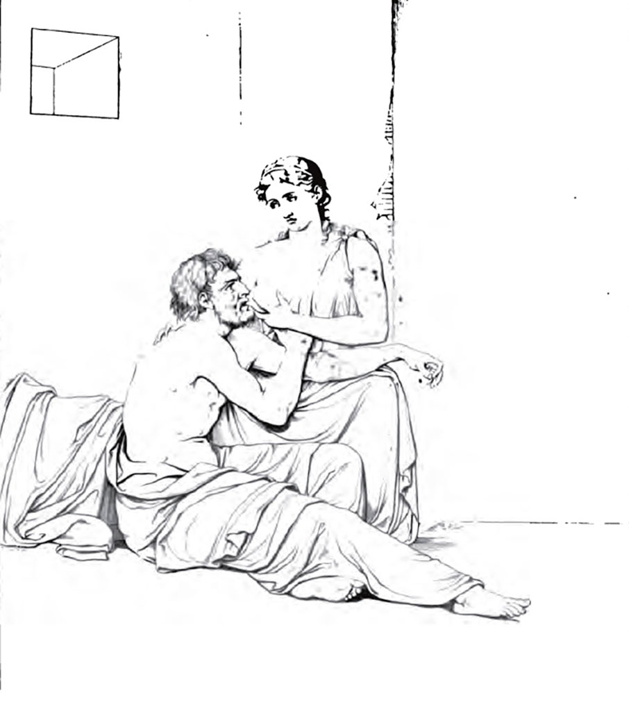 VII.4.10 Pompeii. 1824. Drawing of original painting of Pero (or Perona) and Cimon (or Micone).
Pero is presenting her breast to her aged father Cimon, condemned to die of hunger in prison.  
The Roman Charity (or Carità Romana) is the exemplary story of a daughter, Pero, who secretly breastfeeds her father, Cimon, after he is incarcerated and sentenced to death by starvation. 
She is found out by a jailer, but her act of selflessness impresses officials and wins her father's release. 
See Helbig, W., 1868. Wandgemälde der vom Vesuv verschütteten Städte Campaniens. Leipzig: Breitkopf und Härtel. (p. 307, 1376).
See Real Museo Borbonico, 1824, Volume I, Table 5.
