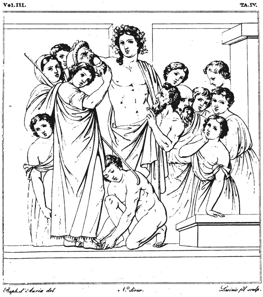 VII.4.22 Pompeii. Pre-1827. Drawing of painting of Bacchus holding a Comedy mask.
This was found on the wall of a small room which protrudes opposite the side entrance of the so-called Pantheon.
This may not be the exact location of the finding of the painting, but it must have been somewhere in the local vicinity.
Naples Archaeological Museum, inventory number 9050.
See Real Museo Borbonico Vol. III, 1827, Tav. IV.
See Helbig, W., 1868. Wandgemälde der vom Vesuv verschütteten Städte Campaniens. Leipzig: Breitkopf und Härtel, no. 408 p. 102.
Kuivalainen comments –
“This is a theatrical scene with three different events presented as a compact composition. The tallest figure in the middle is Bacchus, the inventor and protector of theatre, accompanied by the faithful Silenus. On the left, an actor is preparing for his role, assisted with his outfit by two other figures; perhaps he is seeking inspiration from the mask, which is also touched by the divinity. On the right, perhaps spectators, a heterogeneous lot. This could be a rare depiction of Bacchus inside a theatre, with an altar in front of the picture field. Though there are many theatrical wall paintings in Pompeii, they present other kinds of Bacchic themes, eg, in the house of Marcus Lucretius (IX.3.5) and in the house of Menander (I.10.4).”
See Kuivalainen, I., 2021. The Portrayal of Pompeian Bacchus. Commentationes Humanarum Litterarum 140. Helsinki: Finnish Society of Sciences and Letters, (F30, p.182, where he locates it as either at VII.4.22, or Villa of Cicero.)