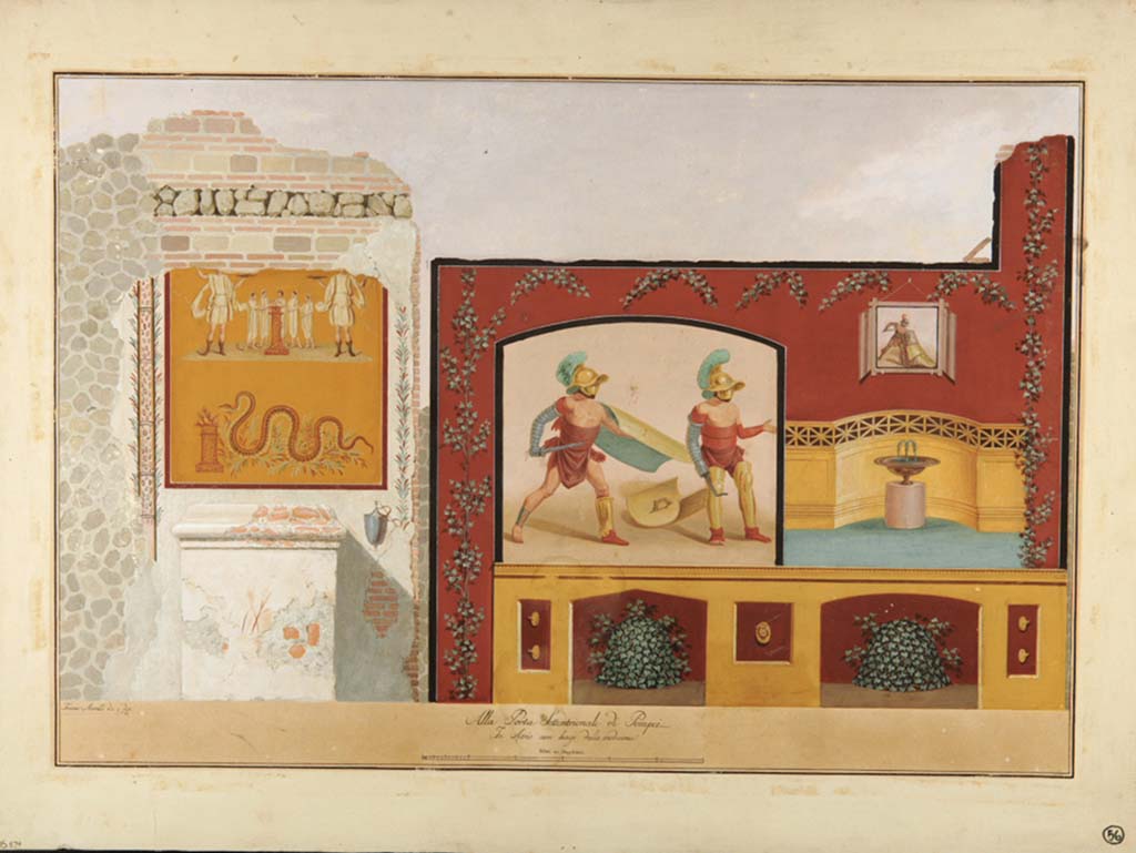 VII.4.26 Pompeii. Painting by Francesco Morelli, written underneath is “Alla porta settentrionale di Pompei in Atrio non lungi dalla medesima”.
(“At the northern gate of Pompeii in an atrium not far from the same”). This would seem to indicate one of the houses in Ins.Occidentalis.
This painting by Morelli may or may not be the same one as found in this house, as the subject was copied several times, see Jacobelli, above.
The lararium, on the left, may belong to a different wall than the gladiators, but the method of Morelli’s work probably meant even if not from the same wall, it was from the same house.
Now in Naples Archaeological Museum. Inventory number ADS 574.
Photo © ICCD. http://www.catalogo.beniculturali.it
Utilizzabili alle condizioni della licenza Attribuzione - Non commerciale - Condividi allo stesso modo 2.5 Italia (CC BY-NC-SA 2.5 IT)