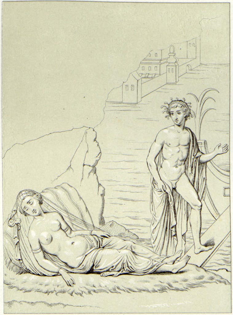 VII.4.31/51 Pompeii. 
Room 31, north wall, drawing by Abbate of wall painting of Theseus and Ariadne.
See Niccolini F, 1854. Le case ed i monumenti di Pompei: Volume Primo. Napoli, (Casa dei Capitelli Colorati, Tav. III).