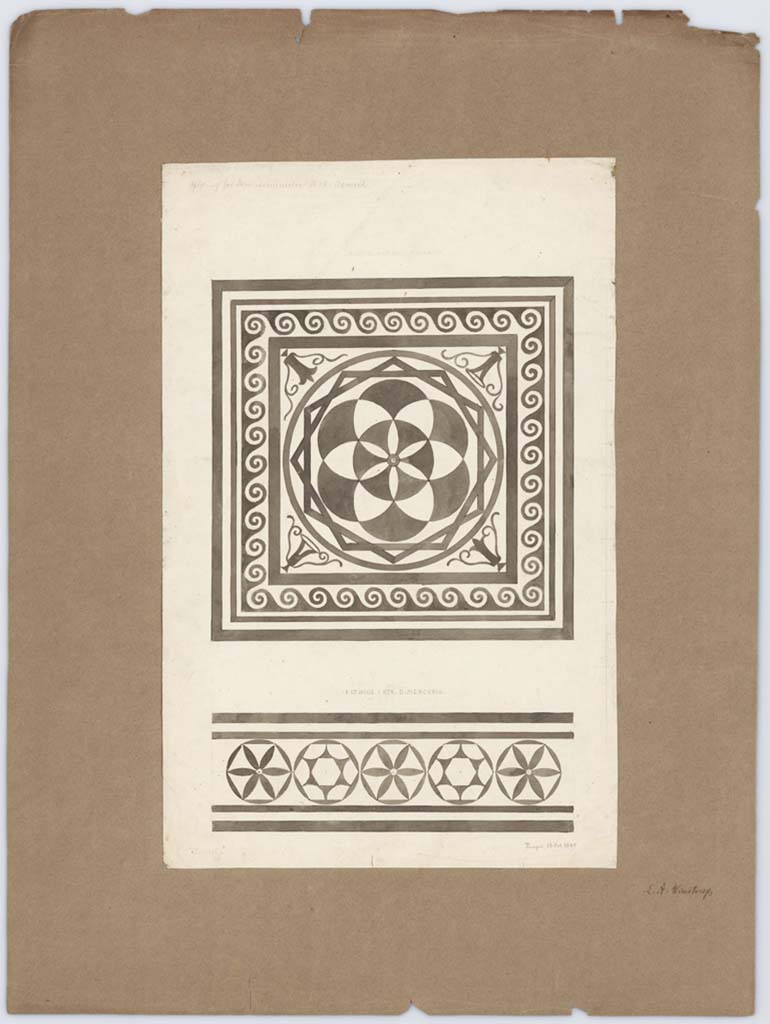 VII.4.31/51 Pompeii. 13th October 1849. Room 31, detail of central emblema (top), drawing by Laurits Albert Winstrup. 
Photo © Danmarks Kunstbibliotek, inventory number ark_6113.
(Note: the threshold (lower photo) seems to be entitled “In the house 1 Strada di Mercurio”.)