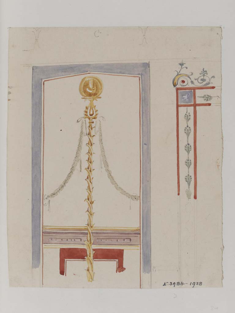 VII.4.31/51 Pompeii. c.1840. 
Watercolour painting by James William Wild, showing detail of central globe and top of side panels on vaulted wall of cubiculum 33.
Photo © Victoria and Albert Museum, inventory number E.3984-1938.