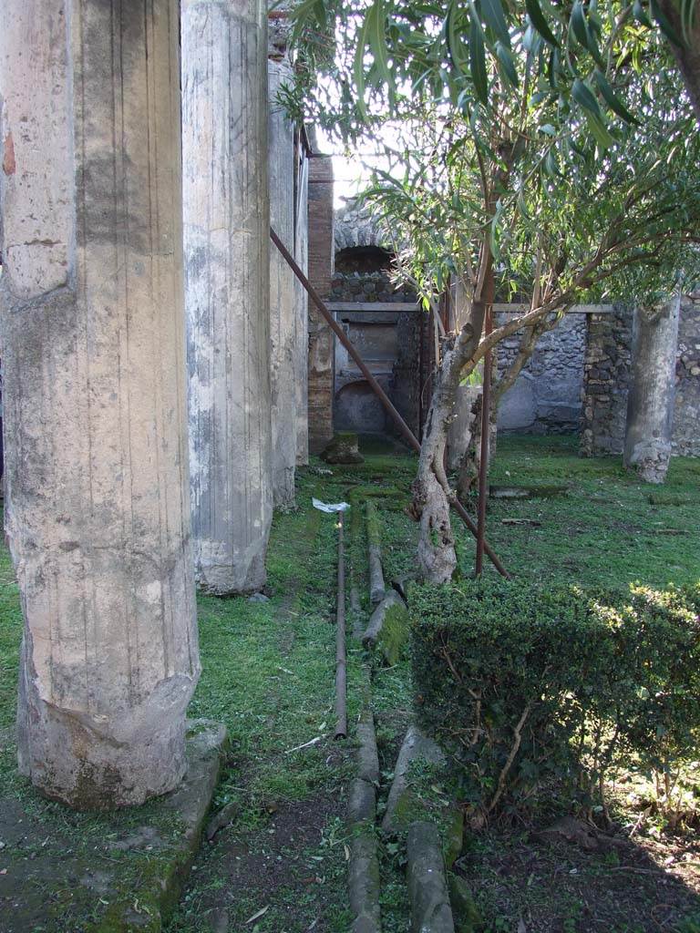 VII.4.31/51 Pompeii. March 2009. 
Looking west along gutter of north peristyle garden towards rooms 39 and 40.