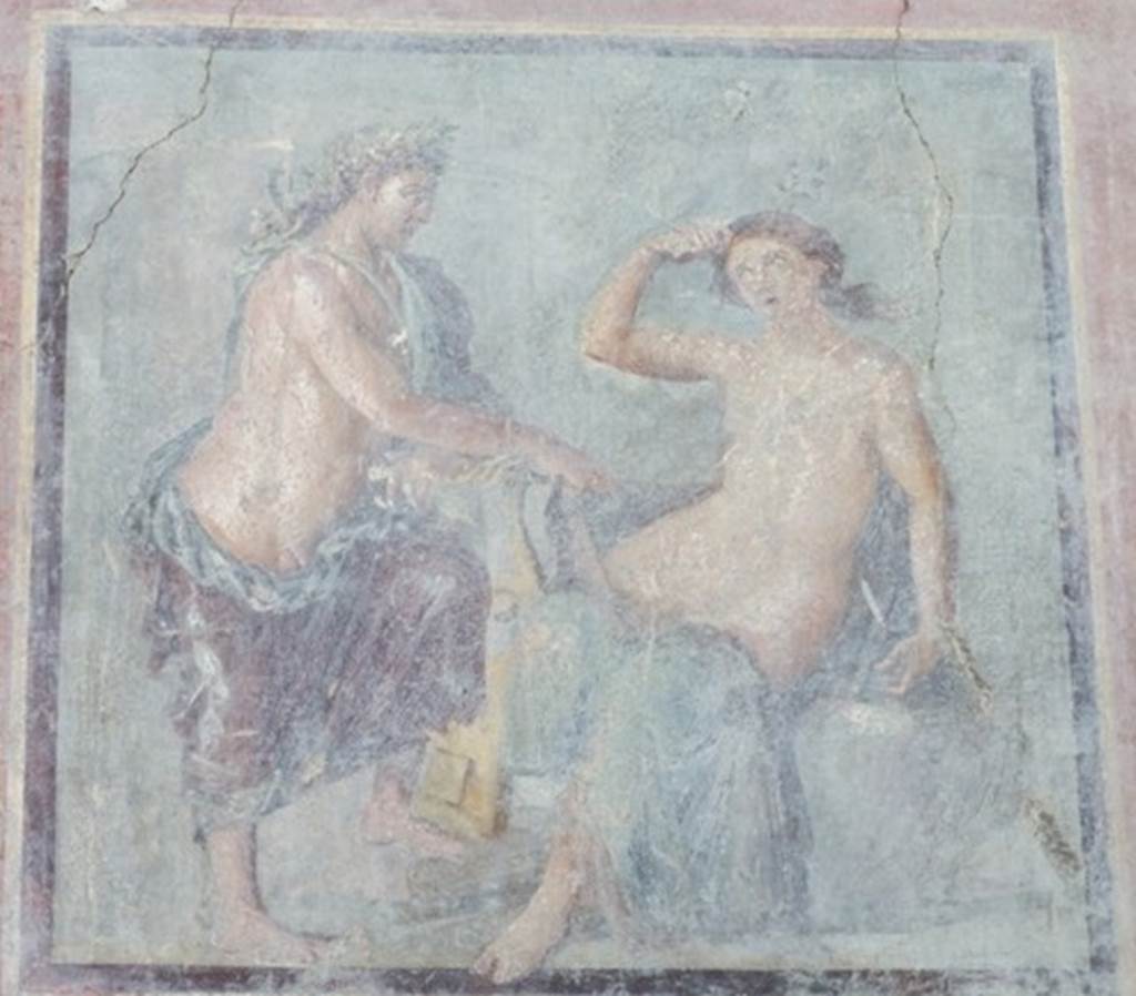 VII.4.31 Pompeii. March 2009. Room 6, west wall of ala. Wall painting of Apollo and Daphne.  On the left is Apollo, on the right Daphne.