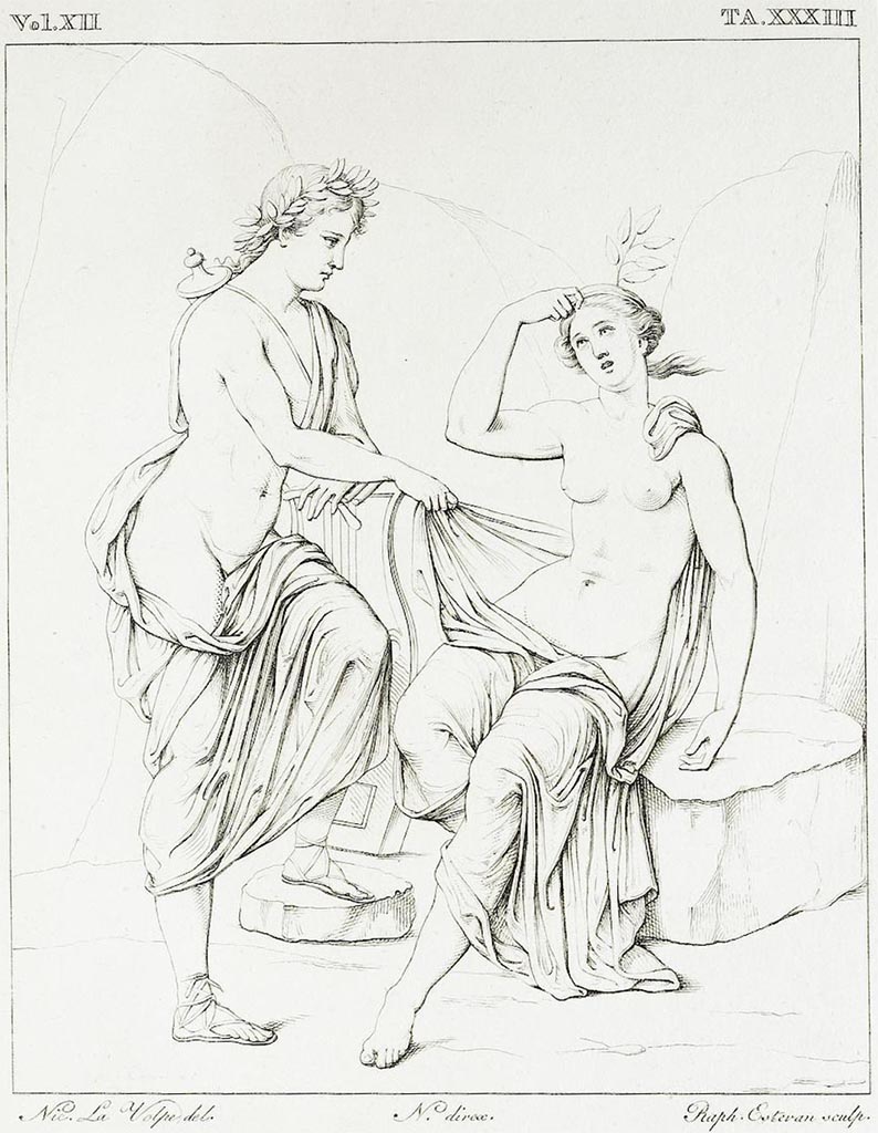 VII.4.31/51 Pompeii. Pre-1839. Drawing by La Volpe showing Apollo and Daphne.
See Real Museo Borbonico, Vol. XII, 1839, Tav. XXXIII.
See Helbig, W., 1868. Wandgemälde der vom Vesuv verschütteten Städte Campaniens. Leipzig: Breitkopf und Härtel, (p.57, no.211.)