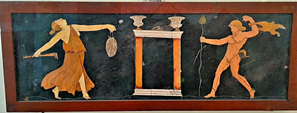 VII.4.31/51 Pompeii. September 2024. Found in tablinum on 22nd May 1845. Dionysian scene in coloured marble. 
Now in Naples Archaeological Museum. Inventory number 9977. Photo courtesy of Giuseppe Ciaramella.
According to PAH II, 440, two opus sectile panels were found in VII.2.38.
According to Naples Museum and PPM, these were found in VII.4.31/51.
See Carratelli, G. P., 1990-2003. Pompei: Pitture e Mosaici.  Roma: Istituto della enciclopedia italiana. (245-13-14).
See Pagano, M., and Prisciandaro, R., 2006. Studio sulle provenienze degli oggetti rinvenuti negli scavi borbonici del regno di Napoli: Naples: Nicola Longobardi. (p.160-1).