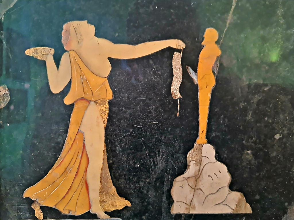 VII.4.31/51 Pompeii. Found in tablinum on 22nd May 1845. 
Detail of a dancing Maenad from Dionysian scene. Photo courtesy of Giuseppe Ciaramella. September 2024.
Now in Naples Archaeological Museum. Inventory number 9979.