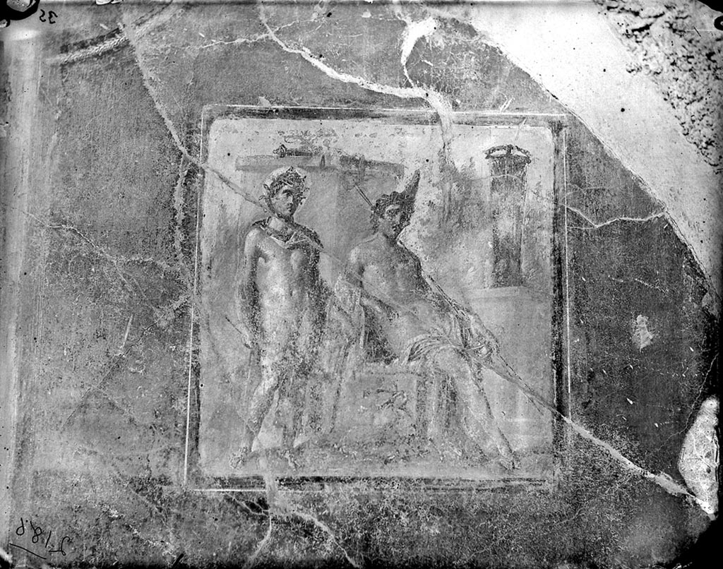VII.4.31/51 Pompeii. 1871. Room 12, oecus.  Photo of wall painting on east wall. 
A seated Cyparissus is on the right with a stag by his side, and Apollo standing on the left.
Photo from J. H. Parker Collection, ref. Parker.2186 (inv.194). Italia.
Courtesy of American Academy in Rome, Photographic Archive.