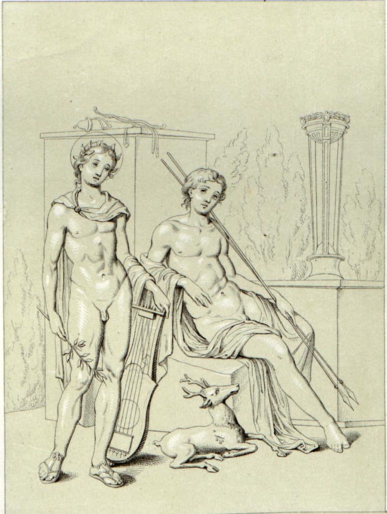 VII.4.31/51 Pompeii. 
Drawing by Abbate of a seated Cyparissus, on the right with a stag by his side, and Apollo standing on the left.
See Niccolini, F., 1854. Le Case ed i Monumenti di Pompei: Book 1, Casa dei Capitelli Colorati, Tav. III.