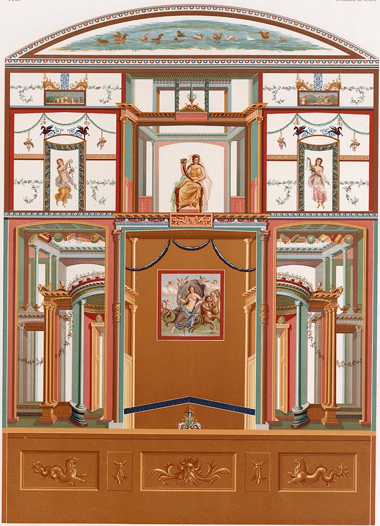 VII.4.31 Pompeii. c.1888. 
Room 12, painting by D’Amelio showing south wall of oecus, but described as being from tablinum.  
See D’Amelio P., 1886. Dipinti Murali di Pompei. Naples: Richter. Pl. IV.