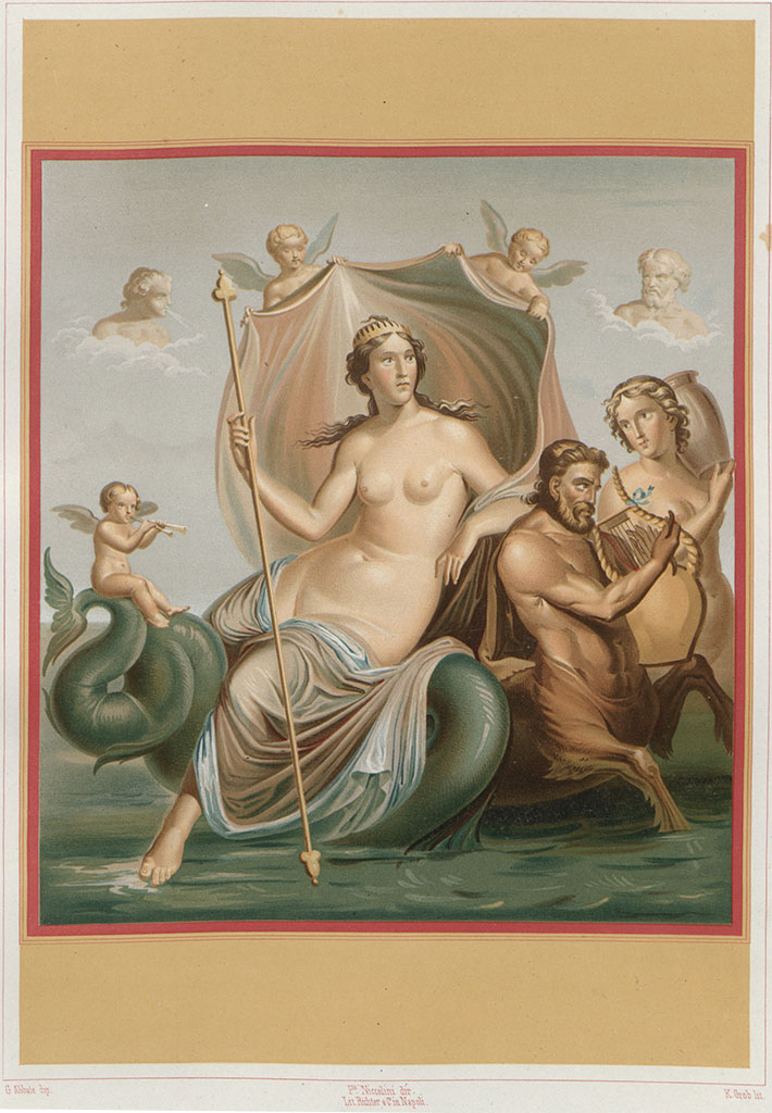 VII.4.31 Pompeii. Painting by Abbate which according to Niccolini, is a painting of Galatea.  
See Niccolini F, 1854. Le case ed i monumenti di Pompei: Volume Primo. Napoli, Casa detta dei Capitelli Colorati. p.4, Tav. IV.