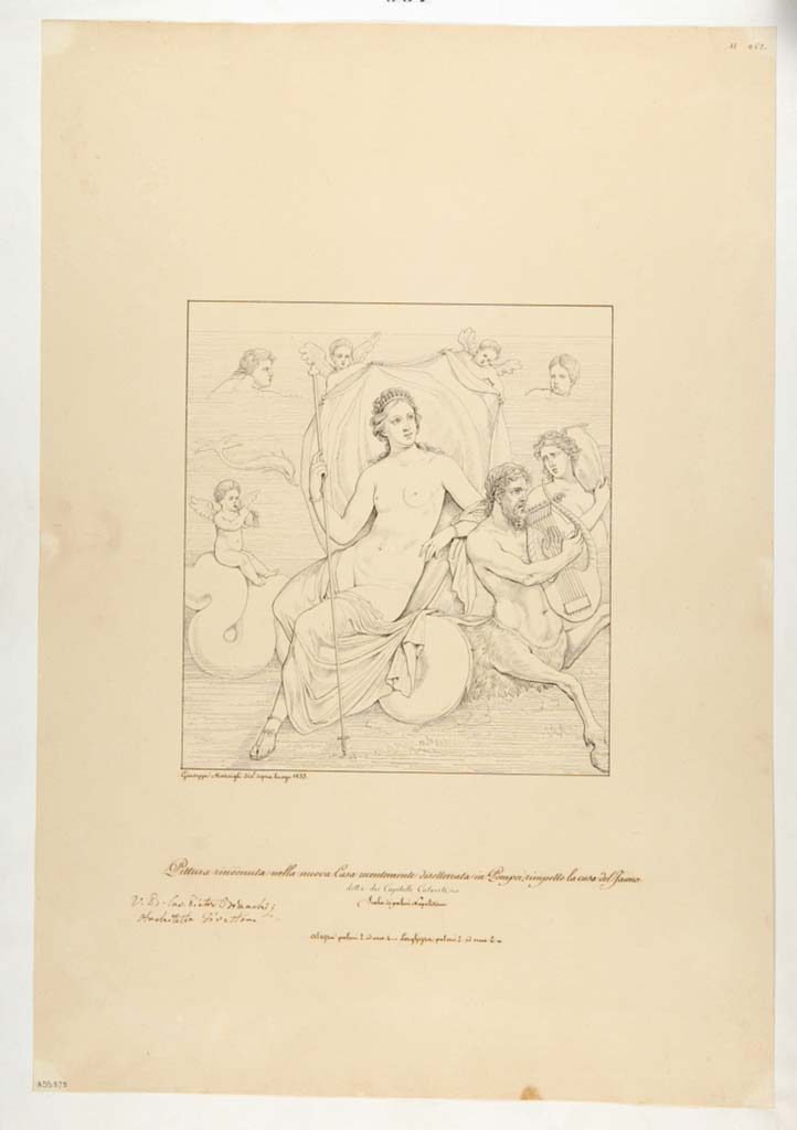 VII.4.31/51 Pompeii. Drawing by Giuseppe Marsigli, 1833, of a painting recently found in this house showing Venus on a sea creature between cupids and water divinities. 
See Helbig, W., 1868. Wandgemälde der vom Vesuv verschütteten Städte Campaniens. Leipzig: Breitkopf und Härtel, (308).
Now in Naples Archaeological Museum. Inventory number ADS 575.
Photo © ICCD. http://www.catalogo.beniculturali.it
Utilizzabili alle condizioni della licenza Attribuzione - Non commerciale - Condividi allo stesso modo 2.5 Italia (CC BY-NC-SA 2.5 IT)