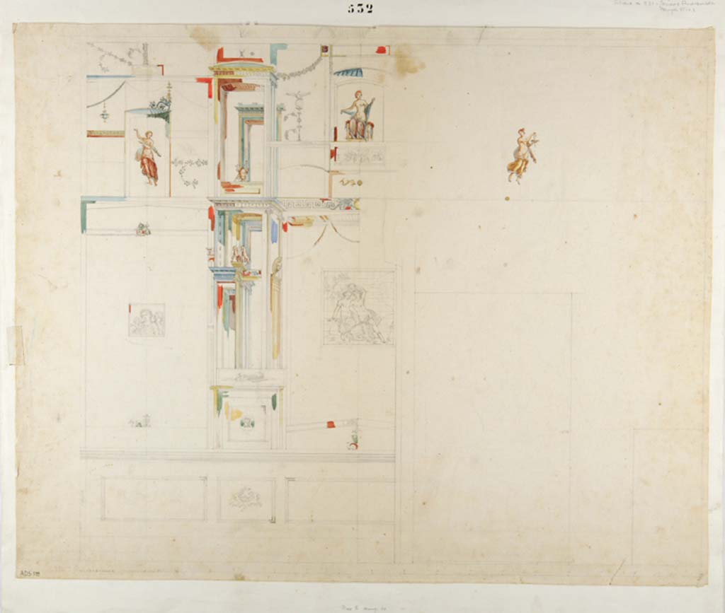 VII.4.31/51 Pompeii. Drawing by Antonio Ala showing details from the west wall of room 12.  
Now in Naples Archaeological Museum. Inventory number ADS 599.
Photo © ICCD. http://www.catalogo.beniculturali.it
Utilizzabili alle condizioni della licenza Attribuzione - Non commerciale - Condividi allo stesso modo 2.5 Italia (CC BY-NC-SA 2.5 IT)