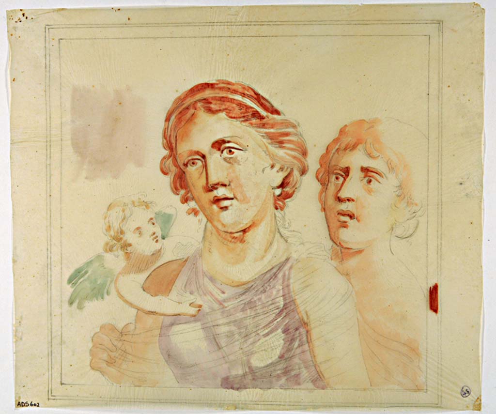 VII.4.31/51 Pompeii. Painting by Antonio Ala showing detail from a wall in room 12, now faded.
The female figures and cupid have been interpreted as Helen and the nurse. 
This may be the painting in the centre of the west wall at its south end, see above. 
See Helbig, W., 1868. Wandgemälde der vom Vesuv verschütteten Städte Campaniens. Leipzig: Breitkopf und Härtel, (1428).
Now in Naples Archaeological Museum. Inventory number ADS 602.
Photo © ICCD. http://www.catalogo.beniculturali.it
Utilizzabili alle condizioni della licenza Attribuzione - Non commerciale - Condividi allo stesso modo 2.5 Italia (CC BY-NC-SA 2.5 IT)