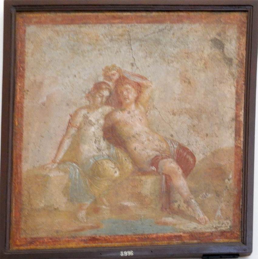 VII.4.31/51 Pompeii. May 2016. Room 12, west wall of oecus. Wall painting of Perseus and Andromeda portrayed as a pair of lovers. 
Now in Naples Archaeological Museum. Inventory Number 8996.
Photo courtesy of Buzz Ferebee.