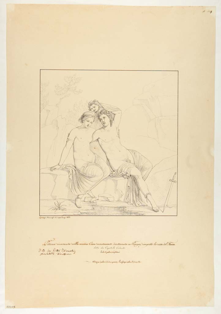 VII.4.31/51 Pompeii. Drawing by Giuseppe Marsigli, 1833, of a painting then recently found in this house showing Perseus and Andromeda. 
Now in Naples Archaeological Museum. Inventory number ADS 576.
Photo © ICCD. http://www.catalogo.beniculturali.it
Utilizzabili alle condizioni della licenza Attribuzione - Non commerciale - Condividi allo stesso modo 2.5 Italia (CC BY-NC-SA 2.5 IT)
The original wall painting is now in Naples Archaeological Museum, inventory number 8996.