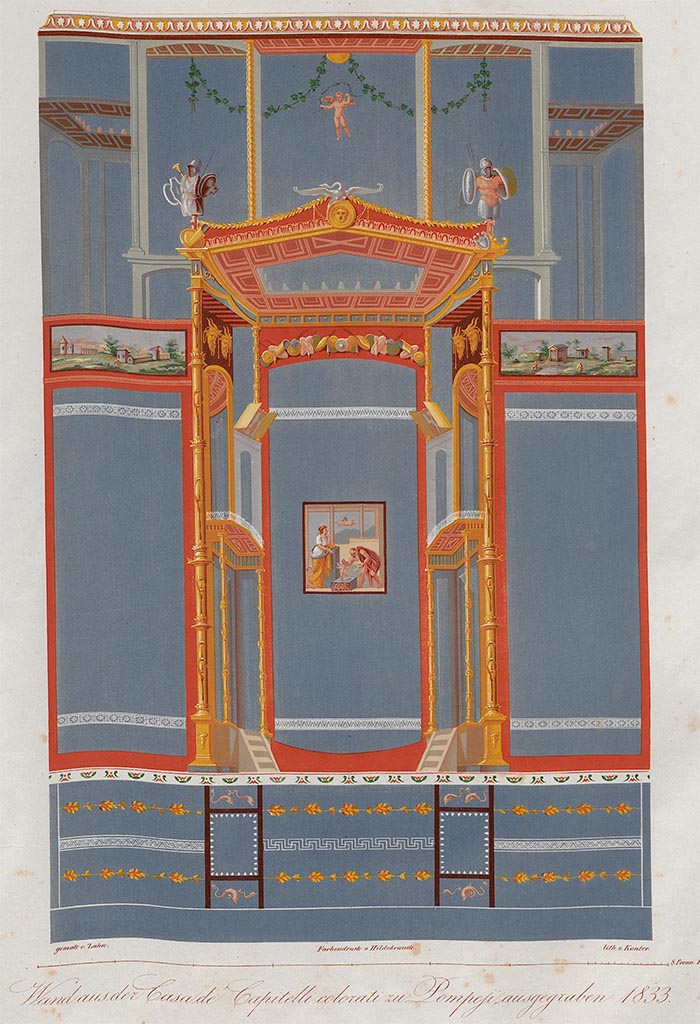 VII.4.31/51 Pompeii. 1833. 
Room 18, painting by Zahn from south wall of exedra, opposite the beautiful painting of Venus and Adonis.
He described it as belonging to one of the most beautiful walls of Pompeii, and particularly distinguished by its architectural arrangement. 
See Zahn, W., 1842-44. Die schönsten Ornamente und merkwürdigsten Gemälde aus Pompeji, Herkulanum und Stabiae: II. Berlin: Reimer, (pl.24).