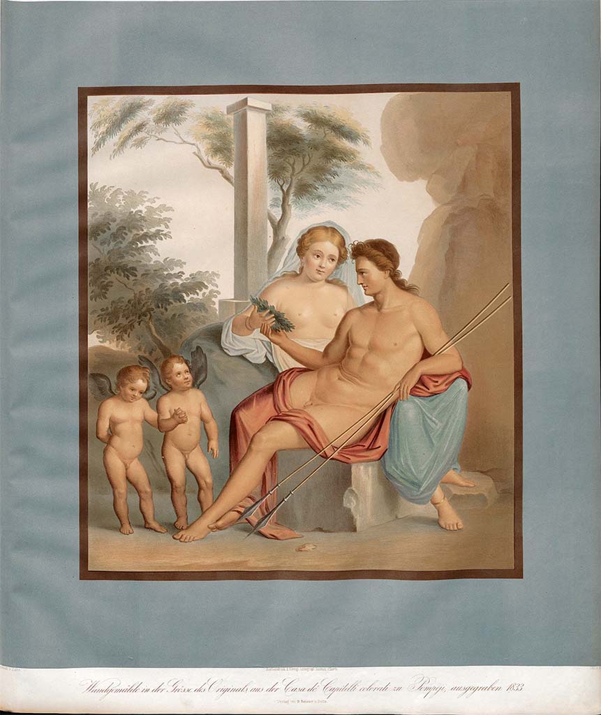 VII.4.31/51 Pompeii. Pre-June 1854. Painting by Zahn from north wall of exedra showing Venus and Adonis and two cupids.
See Zahn, W., 1852-59. Die schönsten Ornamente und merkwürdigsten Gemälde aus Pompeji, Herkulanum und Stabiae: III. Berlin: Reimer, taf. 54.