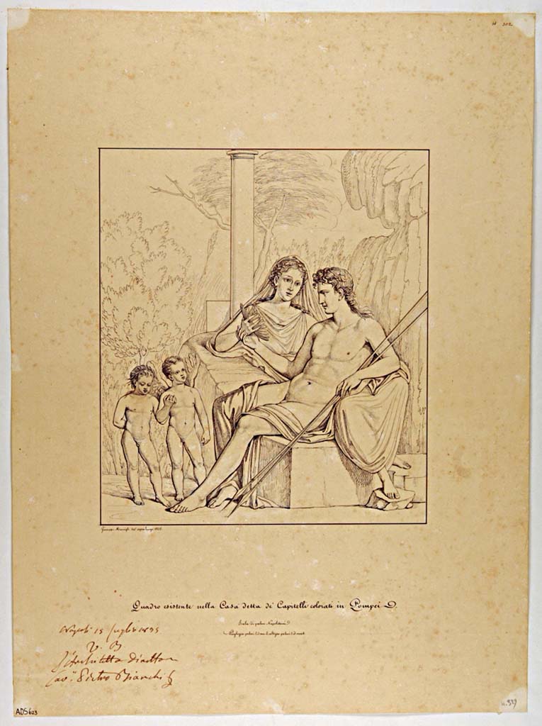 VII.4.31/51 Pompeii. Room 18, north wall of exedra. Drawing by Giuseppe Marsigli, 1835, of painting of Adonis and Aphrodite. 
Now in Naples Archaeological Museum. Inventory number ADS 623.
Photo © ICCD. http://www.catalogo.beniculturali.it
Utilizzabili alle condizioni della licenza Attribuzione - Non commerciale - Condividi allo stesso modo 2.5 Italia (CC BY-NC-SA 2.5 IT)
See Helbig, W., 1868. Wandgemälde der vom Vesuv verschütteten Städte Campaniens. Leipzig: Breitkopf und Härtel, (329).