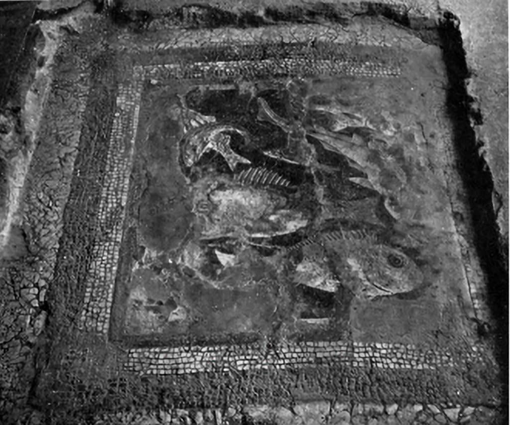 VII.4.31/51 Pompeii. c.1930. Room 18, central emblema of exedra.
See Blake, M., (1930). The pavements of the Roman Buildings of the Republic and Early Empire. Rome, MAAR, 8, (p.139, & Pl.50, tav 1).