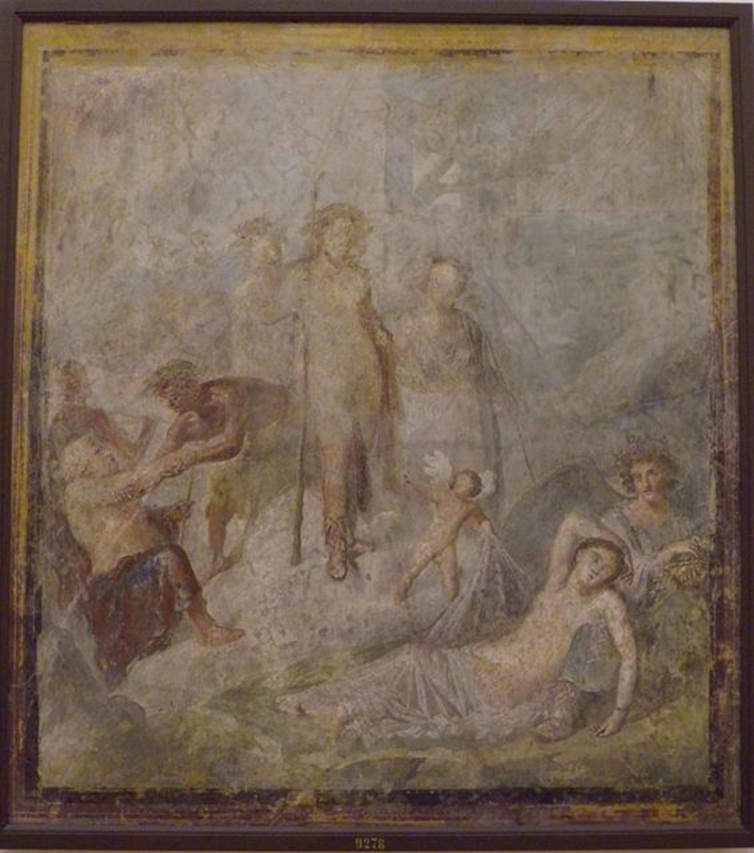 VII.4.31/51 Pompeii.  Room 20, west wall of oecus.  
Wall painting of Dionysus discovering the sleeping Ariadne on the island of Naxos.
Dionysus stands in the centre holding a thyrsus and with a look of wonderment on his face.  
Ariadne sleeps at the knees of Hypnos.  
A cupid draws back part of the robe covering Ariadne and points.  
An old Silenus supports himself with a staff and is being helped by one of the procession of satyrs and maenads.
See Helbig, W., 1868. Wandgemälde der vom Vesuv verschütteten Städte Campaniens. Leipzig: Breitkopf und Härtel.  (1237).
Now in Naples Archaeological Museum. Inventory number 9278.
Kuivalainen comments –
“The composition is divided into three events, from the awakening Ariadne to an admiring Bacchus and to old Silenus trying to get up to share in the scene.”
See Kuivalainen, I., 2021. The Portrayal of Pompeian Bacchus. Commentationes Humanarum Litterarum 140. Helsinki: Finnish Society of Sciences and Letters, p.149, E11.