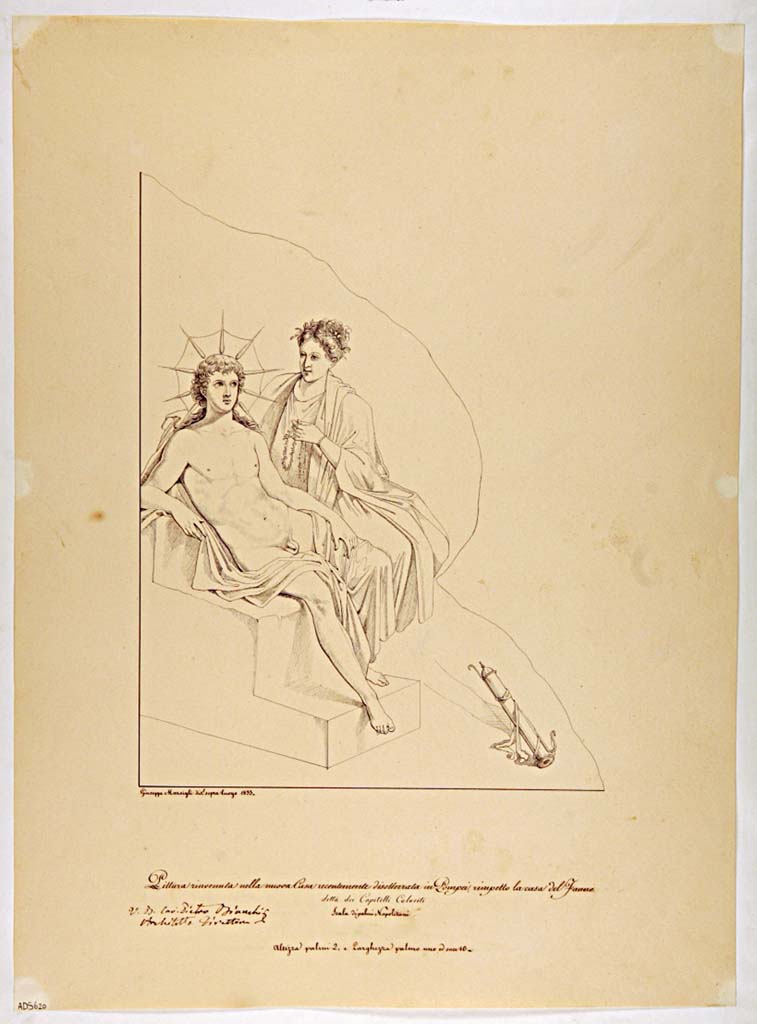 VII.4.31/51 Pompeii. Room 20, south wall of oecus. Drawing by Giuseppe Marsigli, 1833, showing Helios and Rhodos.
Now in Naples Archaeological Museum. Inventory number ADS 620.
Photo © ICCD. http://www.catalogo.beniculturali.it
Utilizzabili alle condizioni della licenza Attribuzione - Non commerciale - Condividi allo stesso modo 2.5 Italia (CC BY-NC-SA 2.5 IT)
This painting was detached from the south wall and taken to Naples Archaeological Museum, inventory number 9537. 
See Helbig, W., 1868. Wandgemälde der vom Vesuv verschütteten Städte Campaniens. Leipzig: Breitkopf und Härtel, (969).