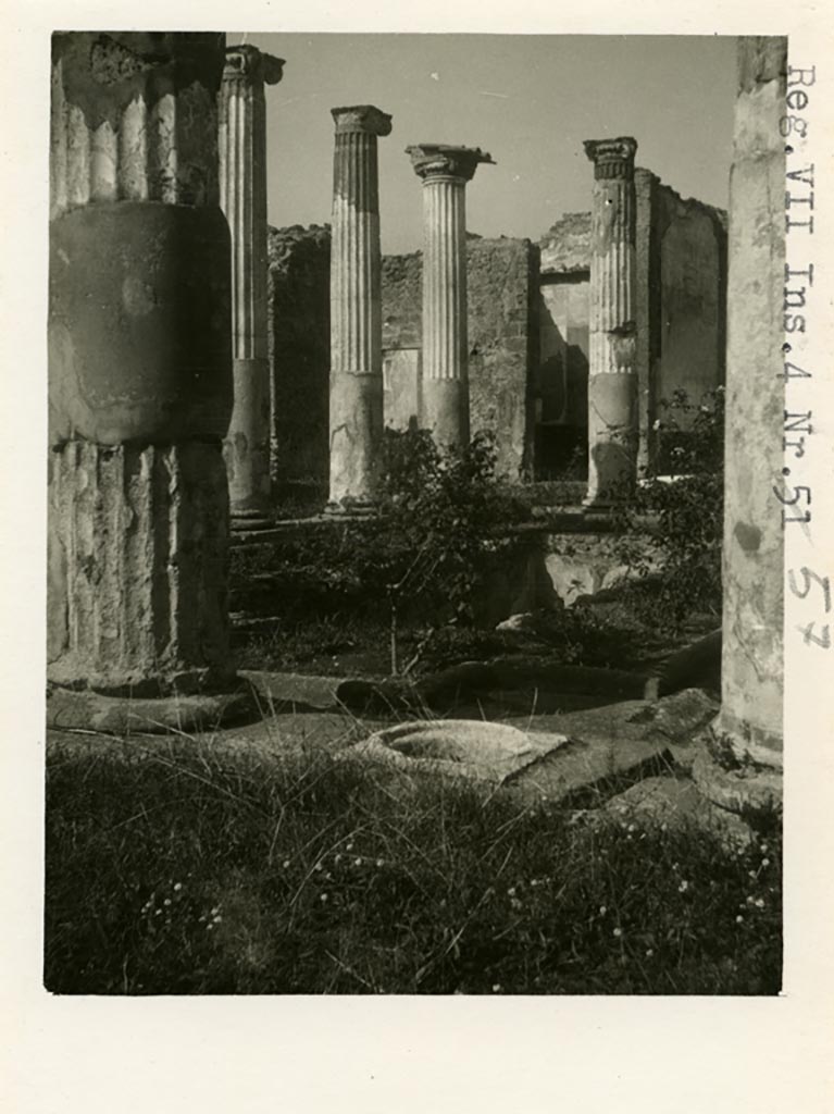 VII.4.31/51 Pompeii but shown as VII.4.57 on photo. Pre-1937-39. 
Looking across middle peristyle towards north-west corner.
Photo courtesy of American Academy in Rome, Photographic Archive. Warsher collection no. 1461.
