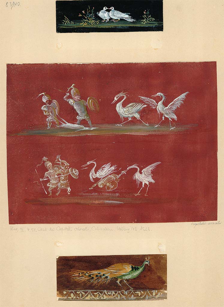 VII.4.31/51 Pompeii. Room 21, two (centre) of the three panels of pygmies fighting with cranes.
DAIR.83,140.  Photo © Deutsches Archäologisches Institut, Abteilung Rom, Arkiv. 138/202
The note directly under the pygmies painting attributes it to VII.4.51 cubiculum. 
There is no attribution on the other two paintings to identify which house they may be from.